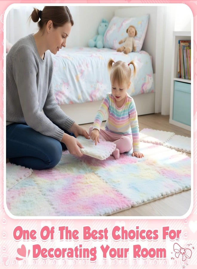 Maasechs 16 Pcs Pastel Shaggy Unicorn Princess Plush Puzzle Foam Floor Mat, 11.8 x 11.8 Inch Soft Interlocking Carpet Tiles, Colorful Shaggy Play Mat for Play Room, Nursery, Dorm Decor - Image 5